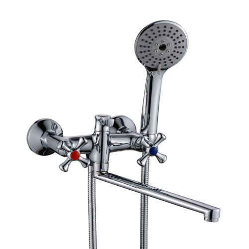 Смеситель для ванны настеный двуручный керамический с кронштейном сбоку плоский излив