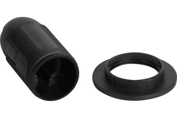 Патрон электрический Е14 резьбовой с кольцом, черный термопластик