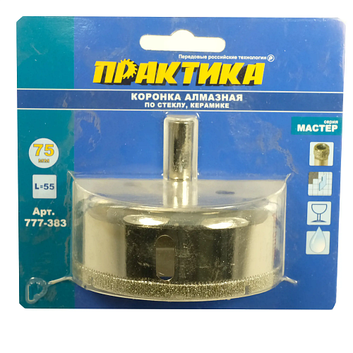 Коронка алмазная ПРАКТИКА Мастер 75мм по стеклу и керамике