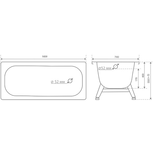 Ванна стальная ВИЗ Tevro 160х70 с опорной подставкой