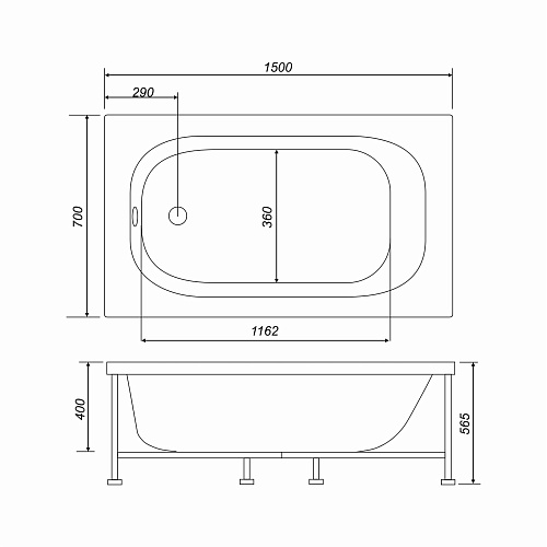 Ванна акриловая MIRSANT "OPTIMA new" 150х70 