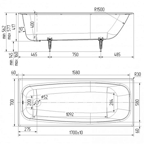 Ванна чугунная Универсал Грация 170х70 196л