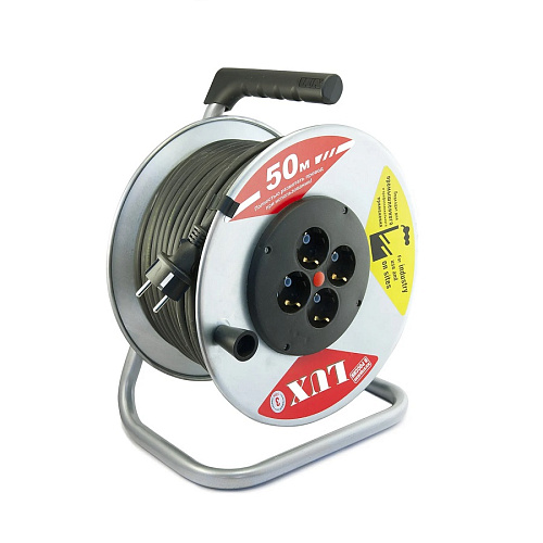 Удлинитель силовой на металлической катушке LUX К4-Е-50 четырехместный с крышками КГ 3x1.5 16А 50м с заземлением