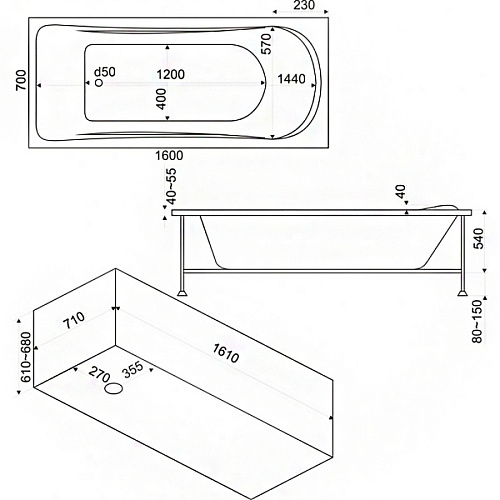 Ванна акриловая Bas Стайл 160х70х54 с каркасом