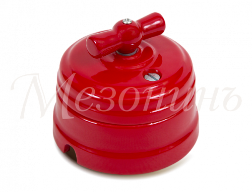 Выключатель ретро фарфоровый поворотный на 4 положения в комплекте с подъемной рамкой, 10А, 250В, цвет - Красный, ТМ МЕЗОНИНЪ GE70401-06