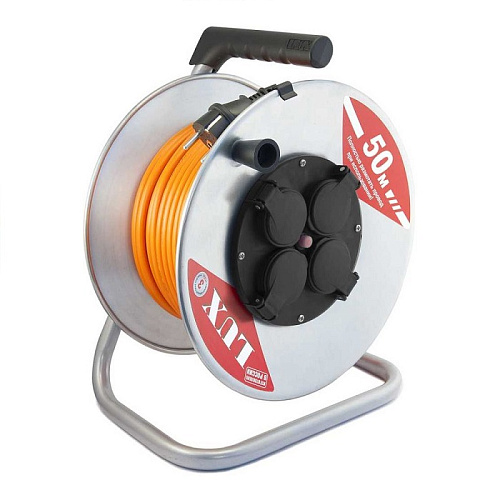 Удлинитель силовой на металлической катушке LUX К4-Е-50 четырехместный с крышками ПВС 3x1.5 16А 50м с заземлением