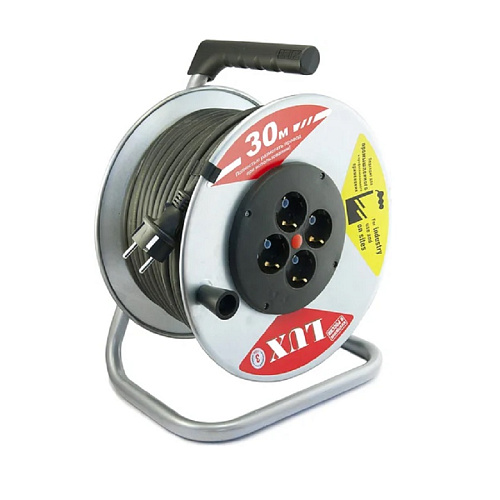 Удлинитель силовой на металлической катушке LUX К4-Е-30 четырехместный ПВС 3x1.5 16А 30м с заземлением