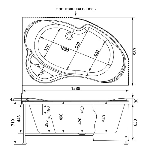Ванна акриловая AQUANET CAPRI R 160x110 с каркасом и фронтальной панелью 205386 (176555)