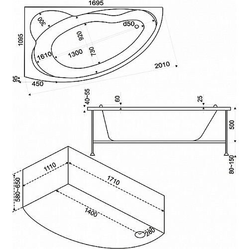 Ванна акриловая Bas Лагуна 170х110 с каркасом и передней панелью