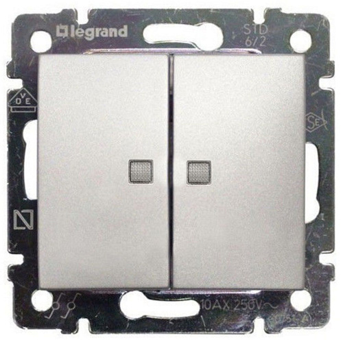 Выключатель с подсветкой Legrand двухклавишный скрытая установка алюминий