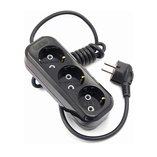 Удлинитель сетевой LUX У3-Е-03 трехместный 250В 16А 3м с заземлением черный