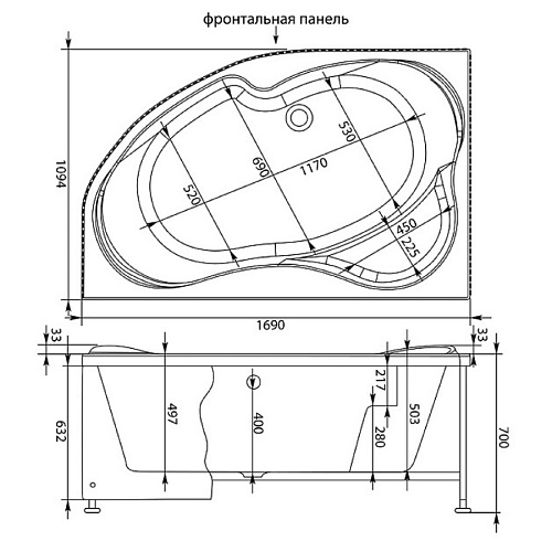 Ванна акриловая AQUANET CAPRI 170x110 R правая с каркасом и с фронтальной панелью 205387/155532