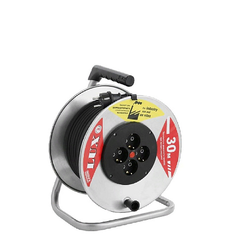 Удлинитель силовой на металлической катушке LUX К4-Е-30 четырехместный с крышками ПВС 3x1.5 16А 30м с заземлением