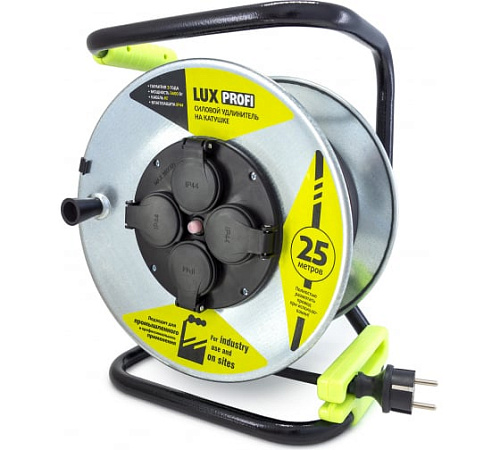 Удлинитель силовой на металлической катушке LUX PROFI К4-Е-25 четырехместный КГ 3x1.5 16А 25м с заземлением