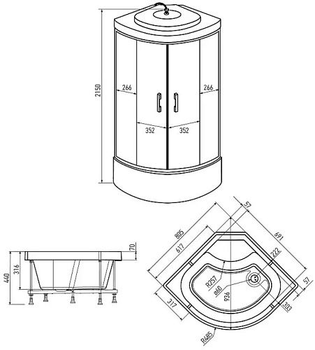 Душевая кабина Erlit ER3508TP-C3-RUS 80х80,1/4 круга, стекл.матовое,профиль серебр высокий под,сифон