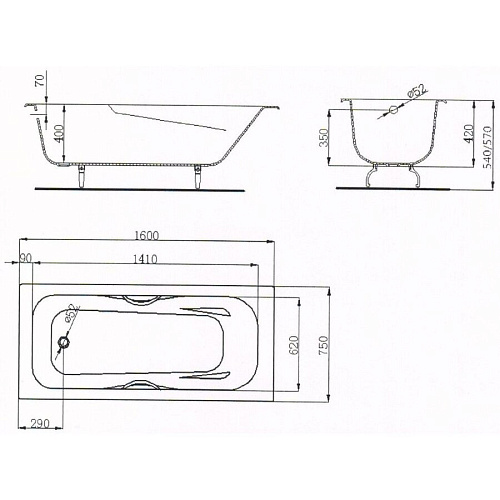 Ванна чугунная MARONI COLOMBO 160х75  с ручками и ножками в комплекте