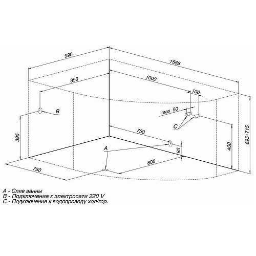 Ванна акриловая AQUANET CAPRI 160x110 L левая с каркасом и фронтальной панелью 205476/1746554