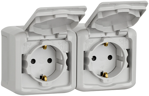 Розетка Legrand двойная открытая установка с заземлением со шторками с крышкой серая